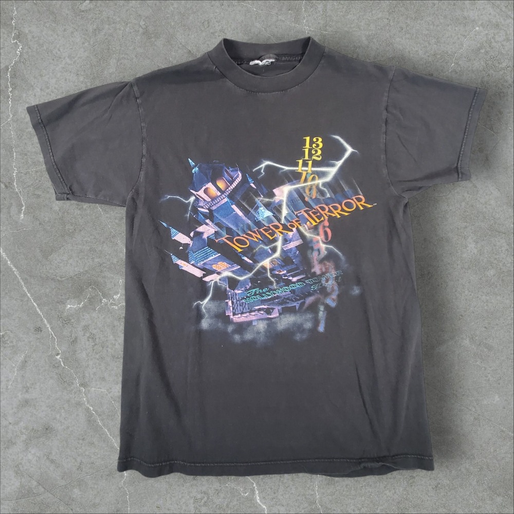 Disney Tower of Terror T-Shirt Mens Medium Faded Black Hollywood Tower Hotel 90s